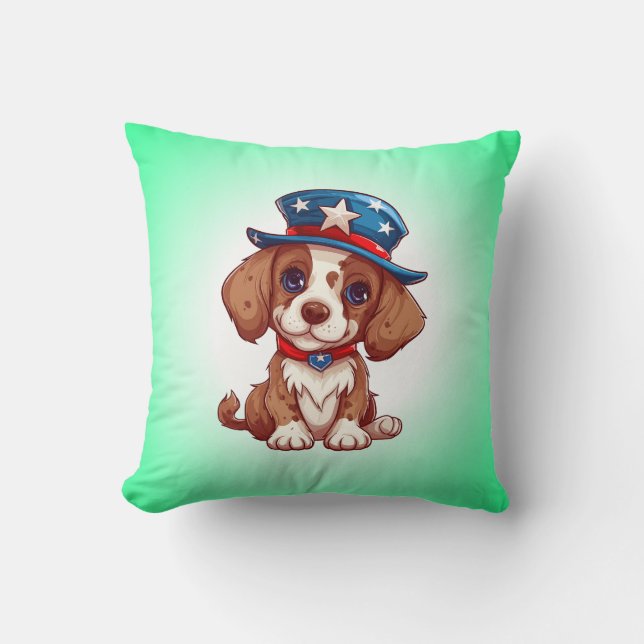 4th of July Cute Puppy With American Hat-71009 Throw Pillow (Front)