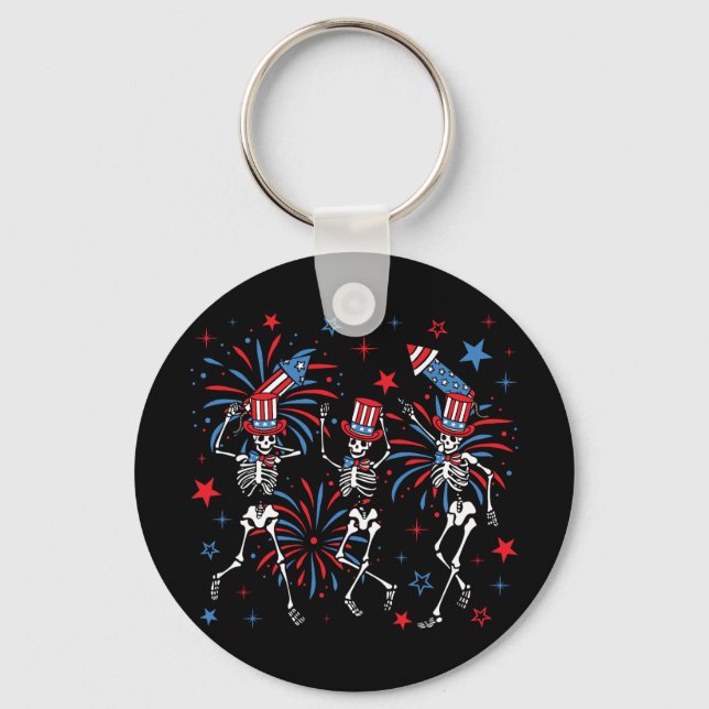 4th Of July Dancing Skeletons Circle Keychain (Front)