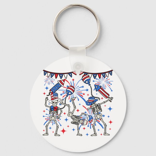 4th Of July Dancing Skeletons Circle Keychain (Front)