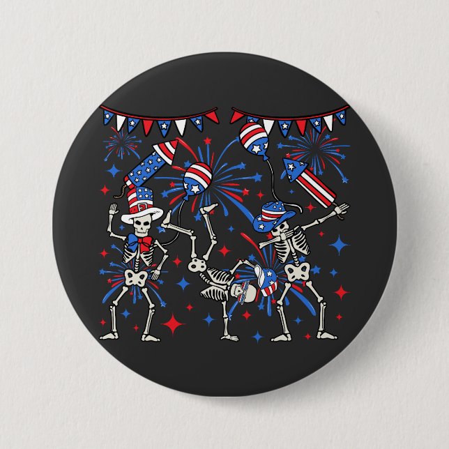 4th Of July Dancing Skeletons Round 3 Inch Round Button (Front)