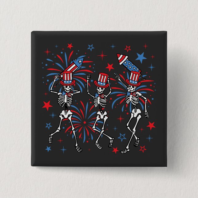 4th Of July Dancing Skeletons Square 2 Inch Square Button (Front)