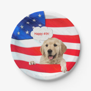4th of July dog on American flag Paper Plate