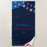 4th of July Family Summer Beach Tropical Vacation Beach Towel<br><div class="desc">Bring out the bbq and dust it off in time for your next 4th of July summer party with the family or friends from the neighbourhood. Add some style with this red white and blue banner featuring a holiday vibe design featuring buntings, fireworks, and the USA flag colours in a...</div>