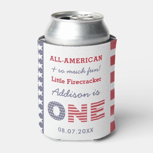 4th Of July Firecracker 1st Birthday Party Favour Can Cooler (Can Front)