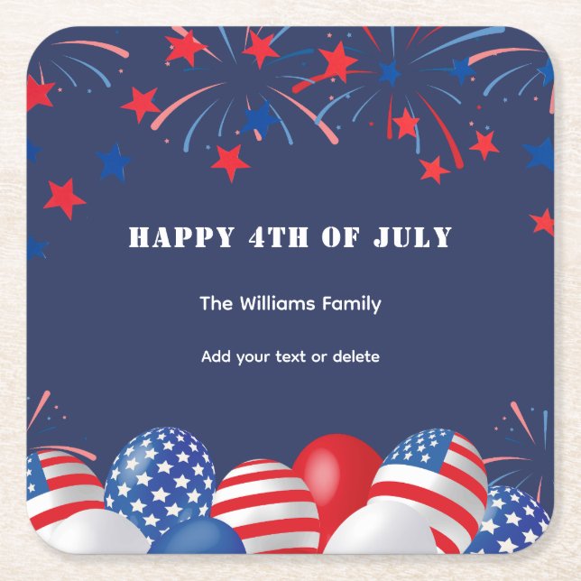 4th of July Fireworks Personalized Party  Square Paper Coaster (Front)