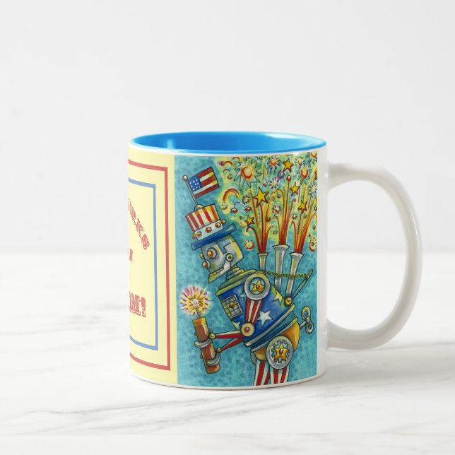 4TH OF JULY FIREWORKS ROBOT, FIRECRACKER STEAMPUNK Two-Tone COFFEE MUG (Right)