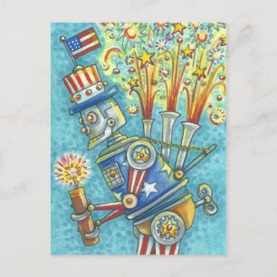 4TH OF JULY FIREWORKS ROBOT, HOLIDAY POSTCARD