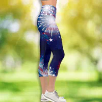 4th of July Fireworks Sparklers Red White Blue Capri Leggings