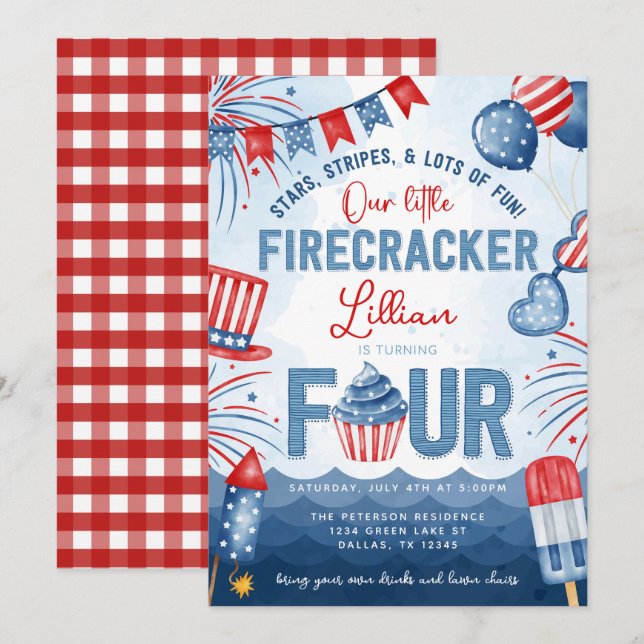 4th of July Fireworks Turning FOUR Birthday Party Invitation (Front/Back)