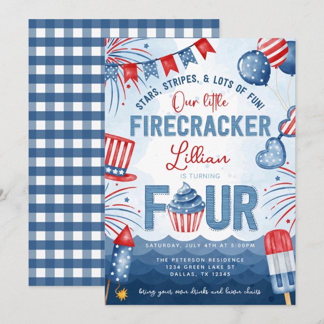 4th of July Fireworks Turning FOUR Birthday Party Invitation (Front/Back)