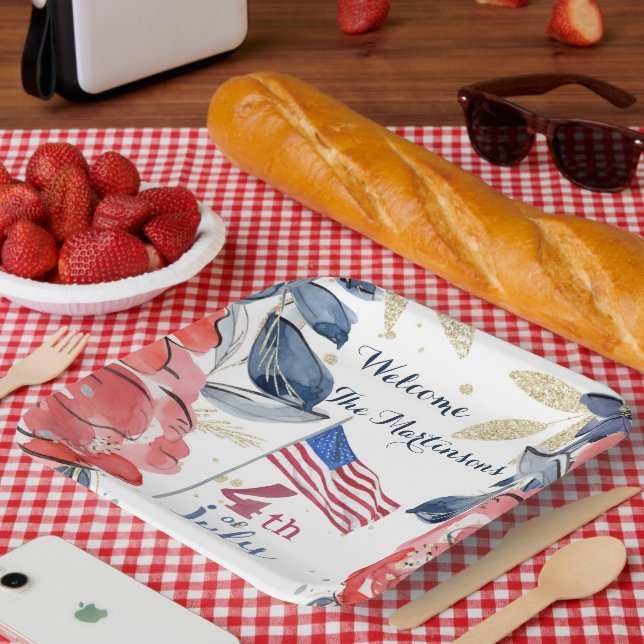 4th of July Flag Personalized Stylish Paper  Plate (Picnic)