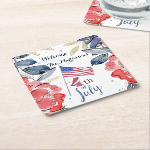 4th of July Flag Personalized Stylish    Square Paper Coaster