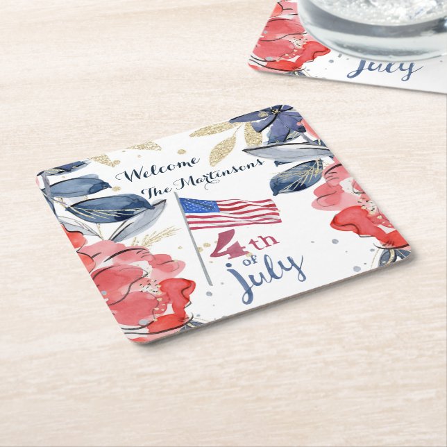 4th of July Flag Personalized Stylish    Square Paper Coaster (Angled)