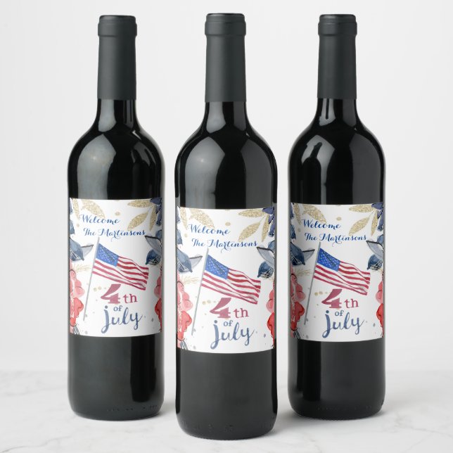 4th of July Flag Personalized Stylish    Wine Label (Bottles)