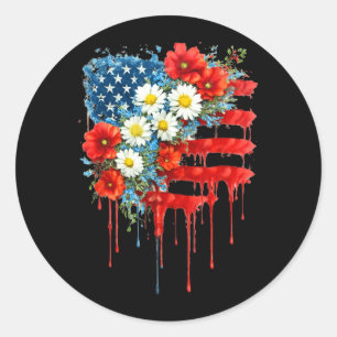 4th of July Floral American Flag Wildflowers Classic Round Sticker