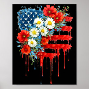 4th of July Floral American Flag Wildflowers Poster