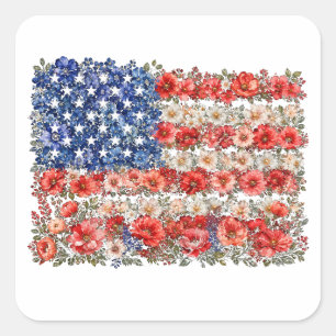 4th of July Floral Flag Square Sticker