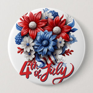4th of July Flowers in Red White & Blue Patriotic 4 Inch Round Button
