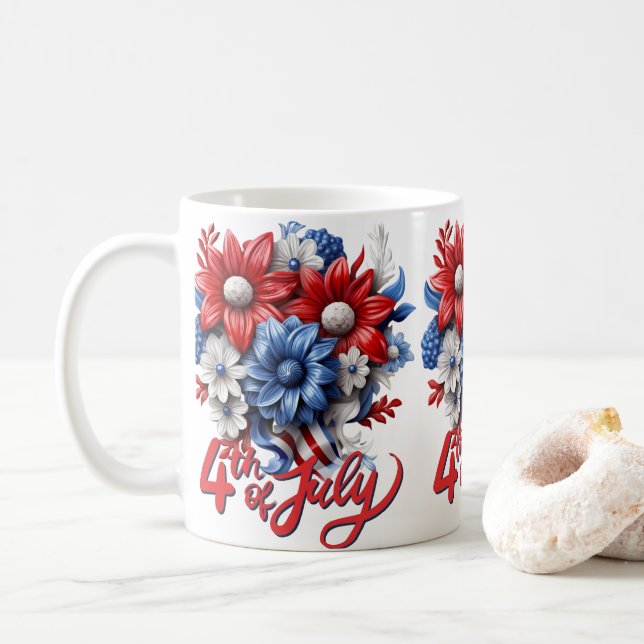 4th of July Flowers in Red White & Blue Patriotic Coffee Mug (With Donut)