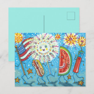 4TH OF JULY GANG, PARADE & FIREWORKS HOLIDAY POSTCARD