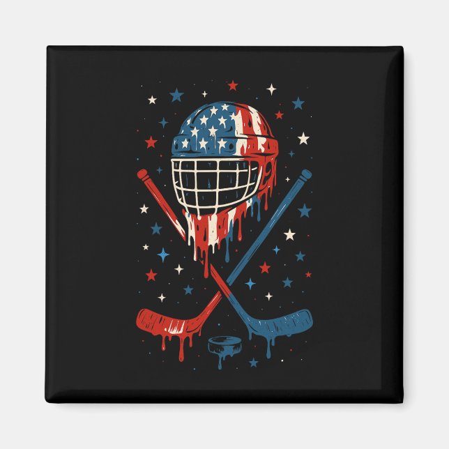4th Of July Hockey Ice Cream Drip Helmet Sticks Us Magnet (Front)