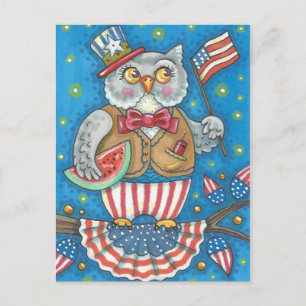 4TH OF JULY HOOT OWL, BIRD, HOLIDAY POSTCARD