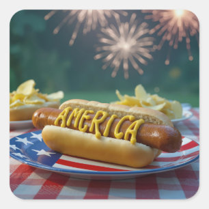 4th of July Hot Dog and Fireworks Square Sticker