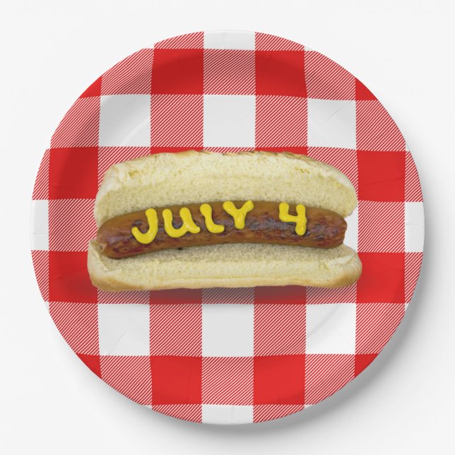 4th Of July Hot Dog on Buffalo Plaid Paper Plate (Front)