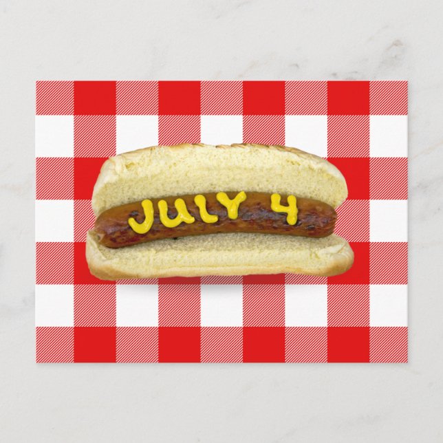 4th Of July Hot Dog on Buffalo Plaid Postcard (Front)