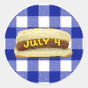 4th Of July Hot Dog on Buffalo Plaid  Square Stick Classic Round Sticker