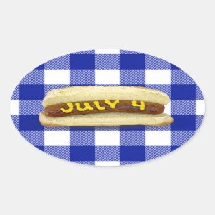 4th Of July Hot Dog on Buffalo Plaid  Square Stick Oval Sticker