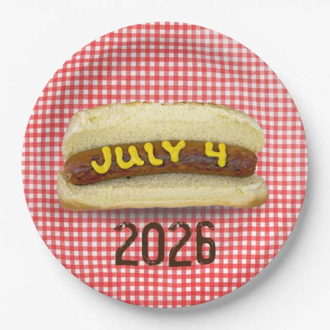 4th Of July Hot Dog on Gingham Napkins Paper Plate (Front)