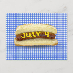 4th Of July Hot Dog on Gingham Postcard