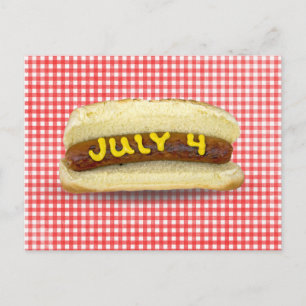 4th Of July Hot Dog on Gingham Postcard