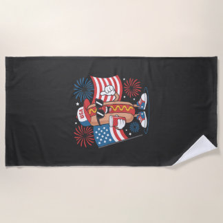 4th Of July Hotdog American Flag Patriotic Firewor Beach Towel