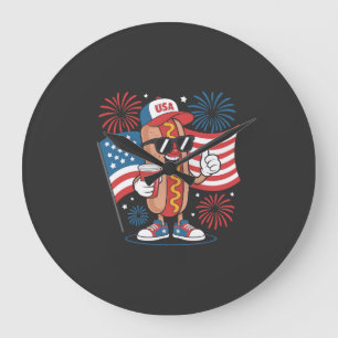 4th Of July Hotdog American Flag Patriotic Firewor Large Clock