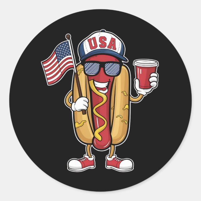 4th of July Hotdog Funny Patriotic USA Flag Classic Round Sticker (Front)
