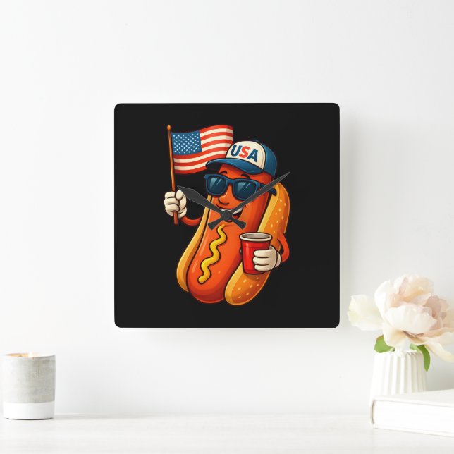4th of July Hotdog Funny Patriotic USA Flag Square Wall Clock (Home)