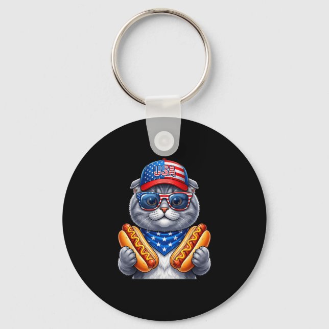 4th of july hotdog scottish fold cat funny keychain (Front)