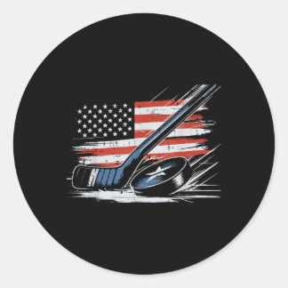4th Of July Ice Hockey Stick Puck Us Flag Men Boys Classic Round Sticker
