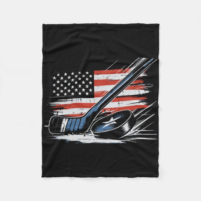 4th Of July Ice Hockey Stick Puck Us Flag Men Boys Fleece Blanket (Front)