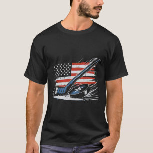 4th Of July Ice Hockey Stick Puck Us Flag Men Boys T-Shirt