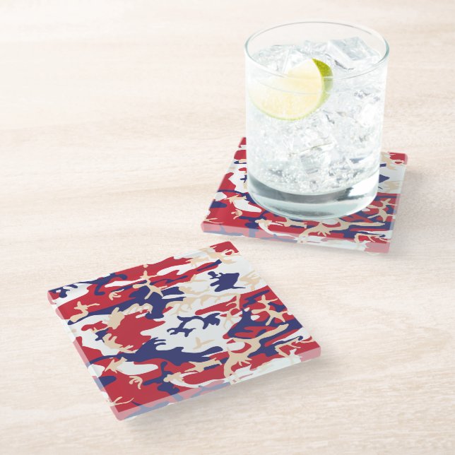 4th of July, Independence day, Camouflage Beige Glass Coaster (Angled)