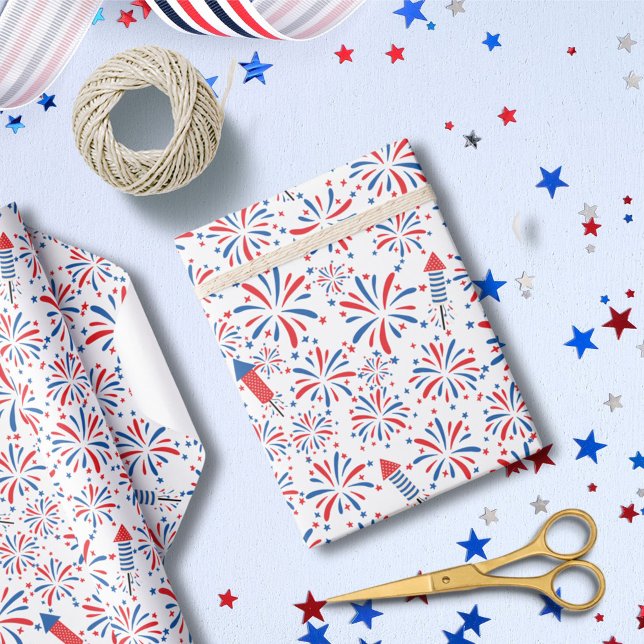 4th of July Independence Day Fireworks Pattern Wrapping Paper (In situ)
