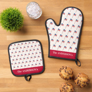 4th of July Independence Day USA Flag Oven Mitt & Pot Holder Set