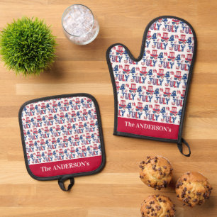 4th of July Independence Day USA Oven Mitt & Pot Holder Set