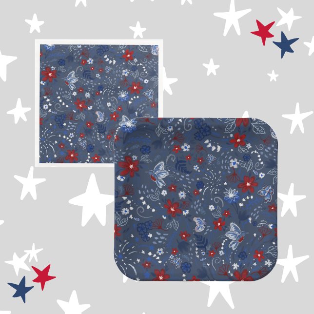 4th of July, Independence Patriotic Red White Blue Napkin (4th of July, Independence Day, Patriotic, Red White and Blue, Floral, Flowers, Hummingbirds)