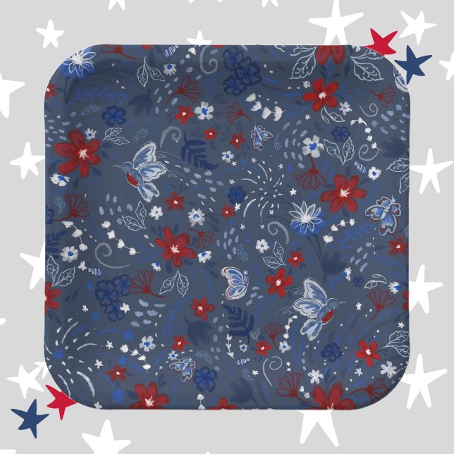 4th of July, Independence Patriotic Red White Blue Paper Plate (4th of July, Independence Day, Red White and Blue, Floral, Flowers, Hummingbirds, Butterflies, Bees)