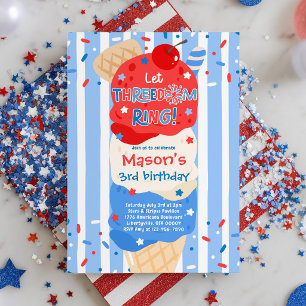 4th Of July Let Threedom Ring 3rd Birthday Party Invitation