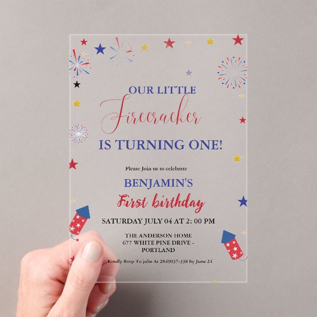 4th of July Little Firecracker 1st Birthday  Acrylic Invitations (Insitu (Handheld))